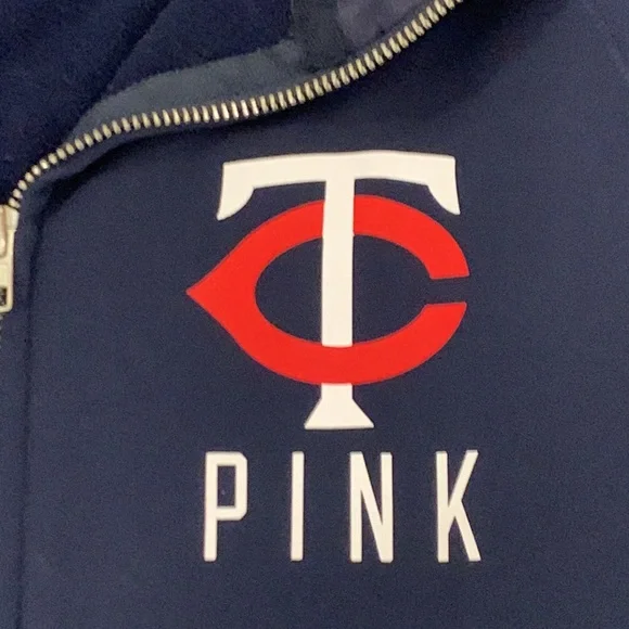 PINK  MN Twins Zippered Sweatshirt/Jacket Dark Blue Front and back Logo Baseball - Picture 2 of 5